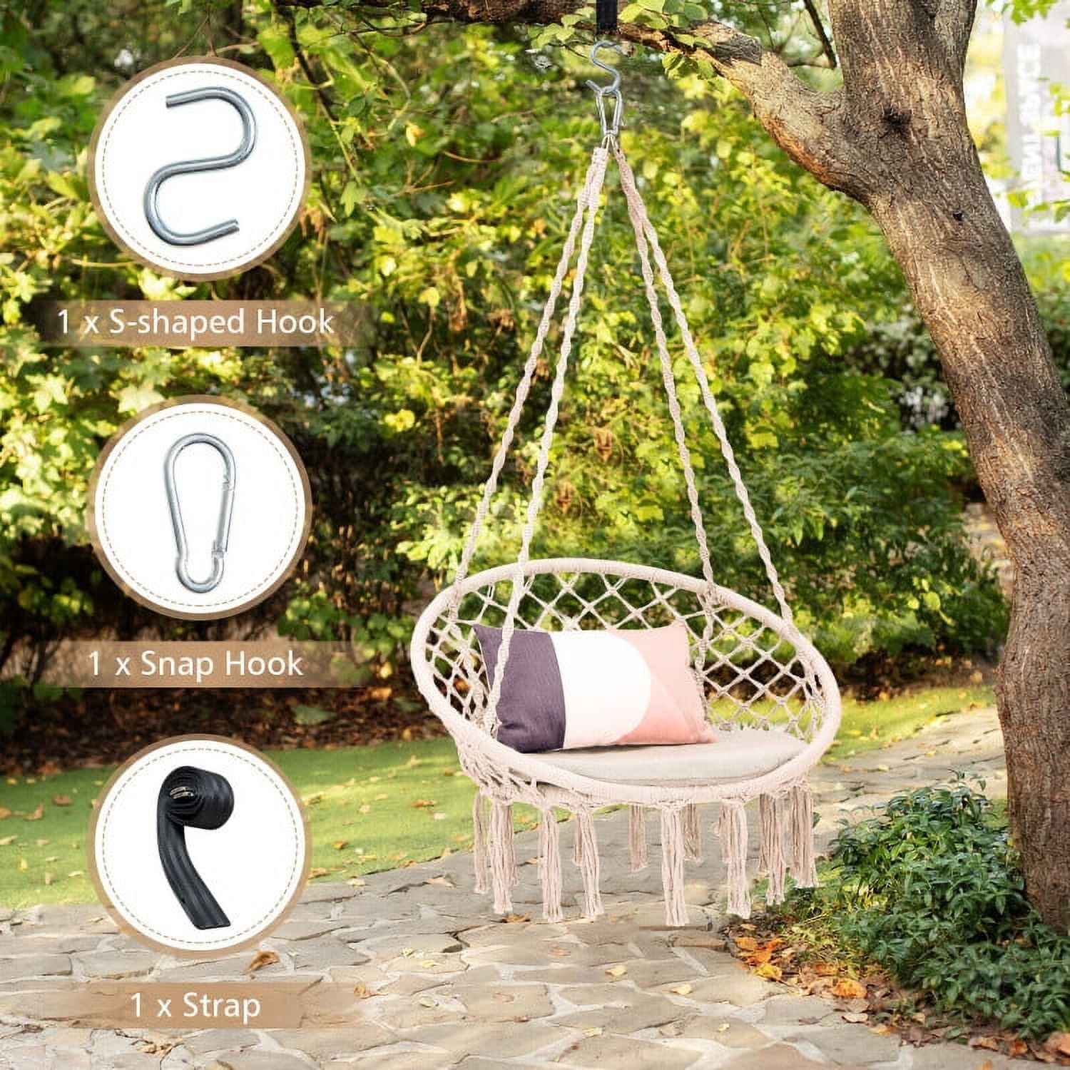 Aimee Lii Cushioned Hammock Swing Chair with Hanging Kit, Comfy Outdoor Chair, Beige Aimee Lii Cushioned Hammock Swing Chair with Hanging Kit, Comfy Outdoor Chair, Beige