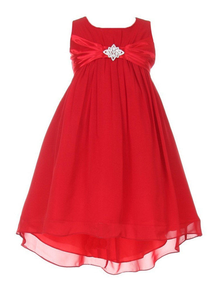 KiKi Kids USA Little Girls Red Chiffon Rhinestone Brooch Hi Lo