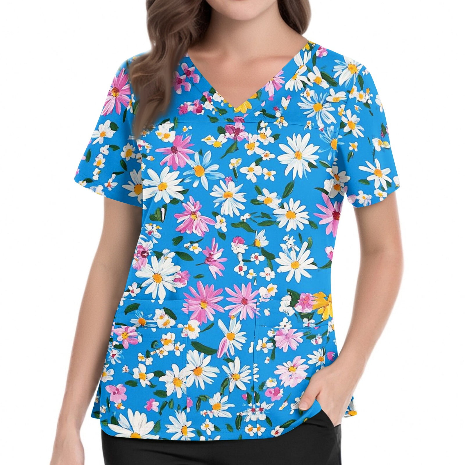 Scrubs for Women Floral Print V Neck Plus Size Scrubs Tops Nurse Scrubs Stretchy Summer Holiday Short Sleeve Trendy Side Slits Uniform Workwear With Pockets Sky Blue L