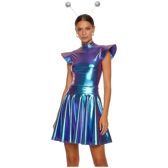 TiaoBug Women's Metallic Shiny Fly Sleeve Skater A-Line Pleated Club Party Dress with Alien Headwear Blue XL