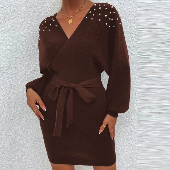 Pisexur Long Sleeve V-Neck Dress Women's Long Sleeved V-neck Plain Knitted Dress Long Sleeved V-neck Dress woman dress
