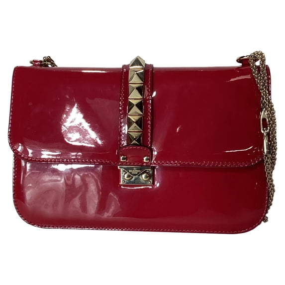 Valentino Rockstud Glam Lock Flap Bag in Red Patent Leather
