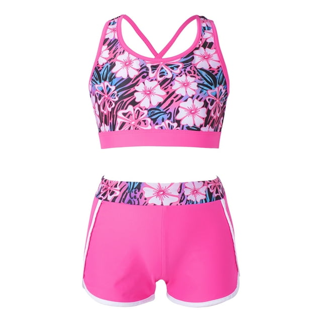 iiniim Little Girls' Swimsuits Summer Swimwear Two Piece Tankini Set Rash Guard Crop Top with Boyshorts Rose Red 12