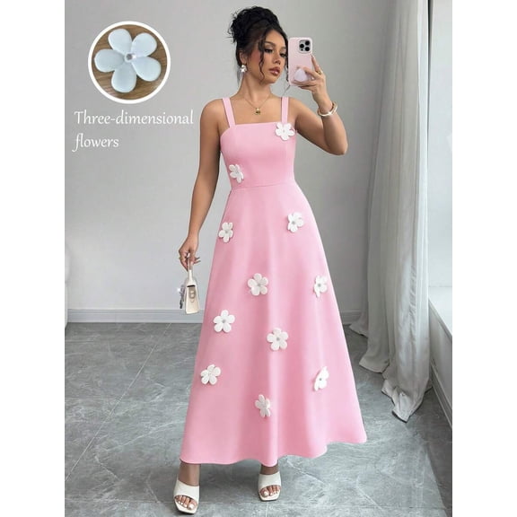 Pink Womens Elegant A-Line Maxi Dress With 3D Floral Appliqué