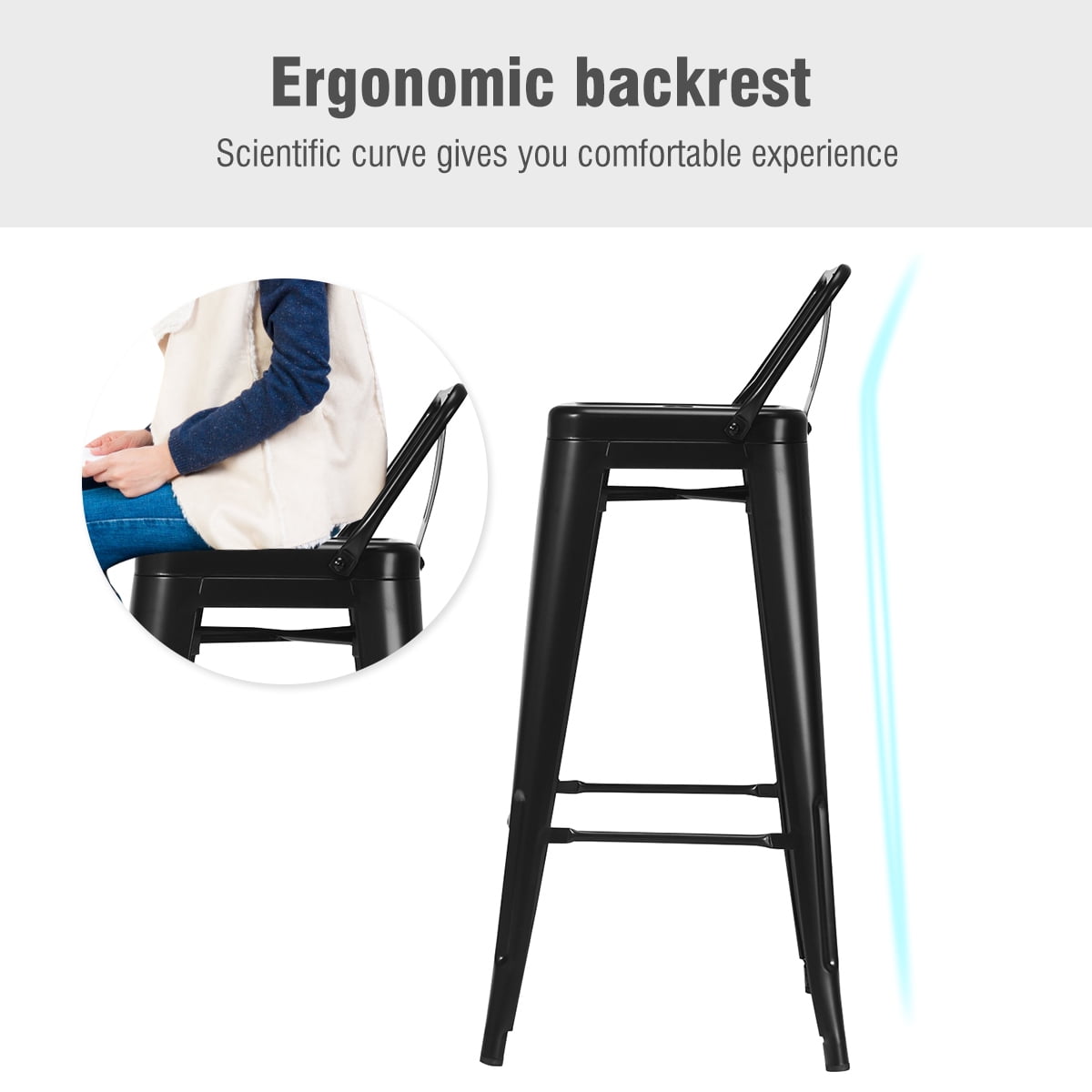 Set of 4 Metal Bar Stools 30'' Bar Height Barstools Industrial w/ Low Back Black