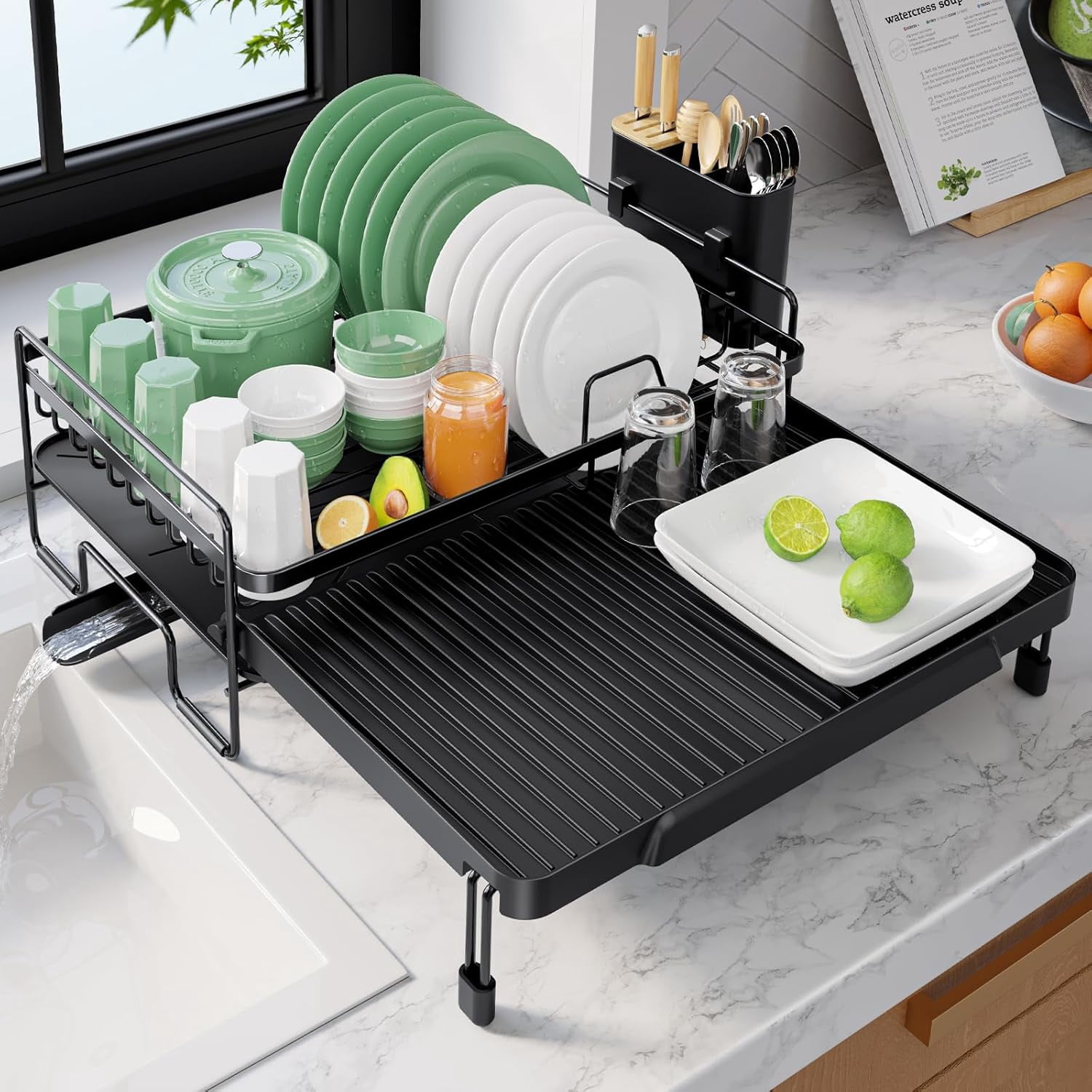 Extendable Dish Drying Rack - Adjustable Length 12.8"–21.0", Auto-Draining Dish Rack for Kitchen Counter, Rust-Resistant Metal Frame Over-Sink Support for Plates, Bowls & Utensils, Grey