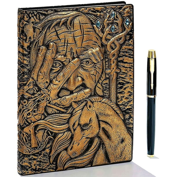 Cuaderno Vintage 3d De Cuero Repujado Con Bolígrafo Dorado. A las 5. Antiguo Diario Vintage Cuaderno de cuero Forrado Cuaderno de viaje Bloc de notas Bloc de notas hecho a mano