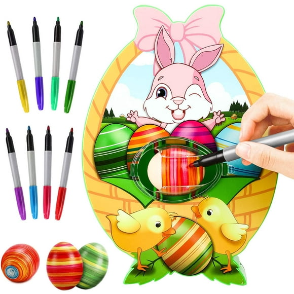 JHIJHOO Easter Egg Decorating Set, Decorator Machine with Spinner, Includes 8 Colorful Quick Dry Markers, Painted Egg, Kids Birthday Gift, Easter Day