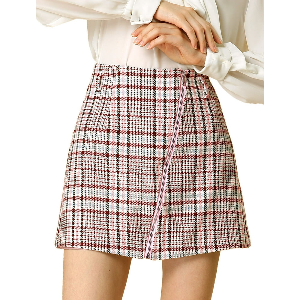 Unique Bargains Women's Plaids High Waist ALine Mini Skirt with Belt