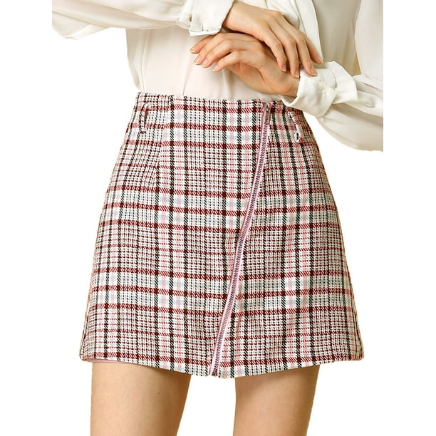Unique Bargains Women's Plaids High Waist ALine Mini Skirt with Belt
