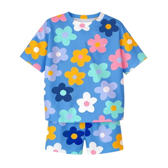 Tiijoy Summer Girls Floral Outfits Short Sleeve Crew Neck T-Shirt Shorts Set, Sizes 9-10