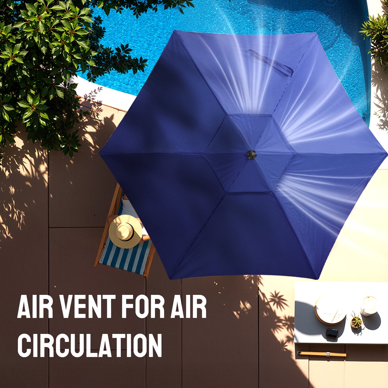 CROWN SHADES 9 Ft Patio Umbrella Polyester Outdoor Umbrella Patented Edge Connection Windproof Design Blue
