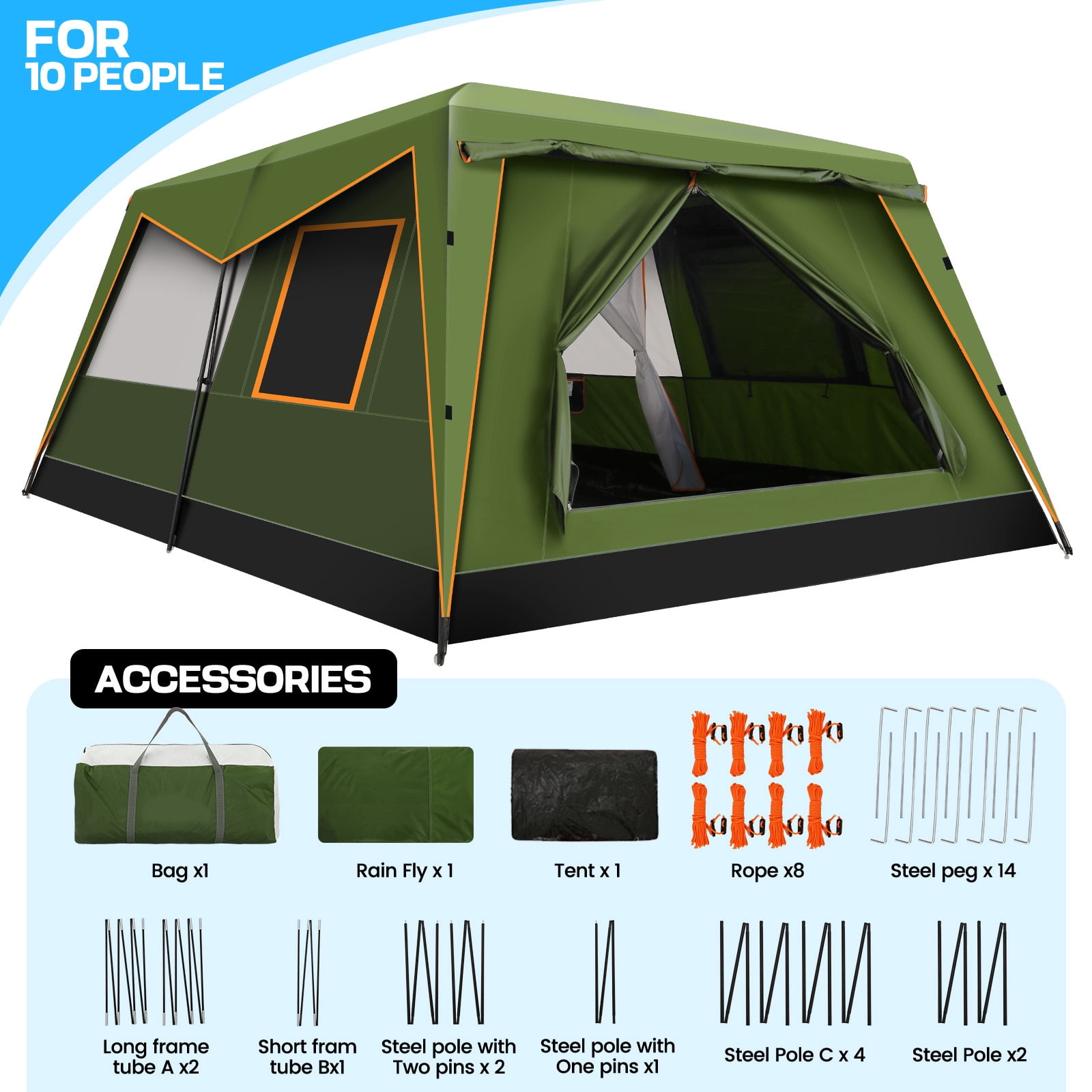 SANOPY 10 Person Camping Tent，14×10 FT Waterproof & Windproof,Easy Manual Setup with 8 Wind Ropes & 14 Ground Nails, Ideal for Family & Group Outdoor Trips