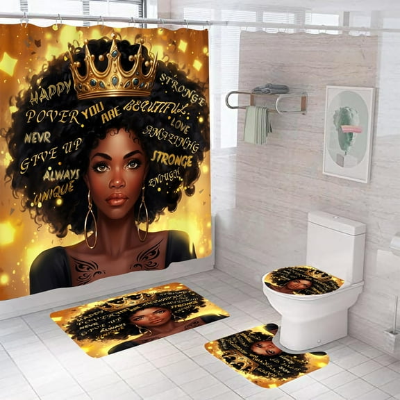 4PCS African American Woman Bathroom Shower Curtain Set with Rugs, Afro Inspirational Quote Shower Curtain Sets with Hooks,Waterproof Fabric Black Queen Shower Curtains for Bathroom Decor