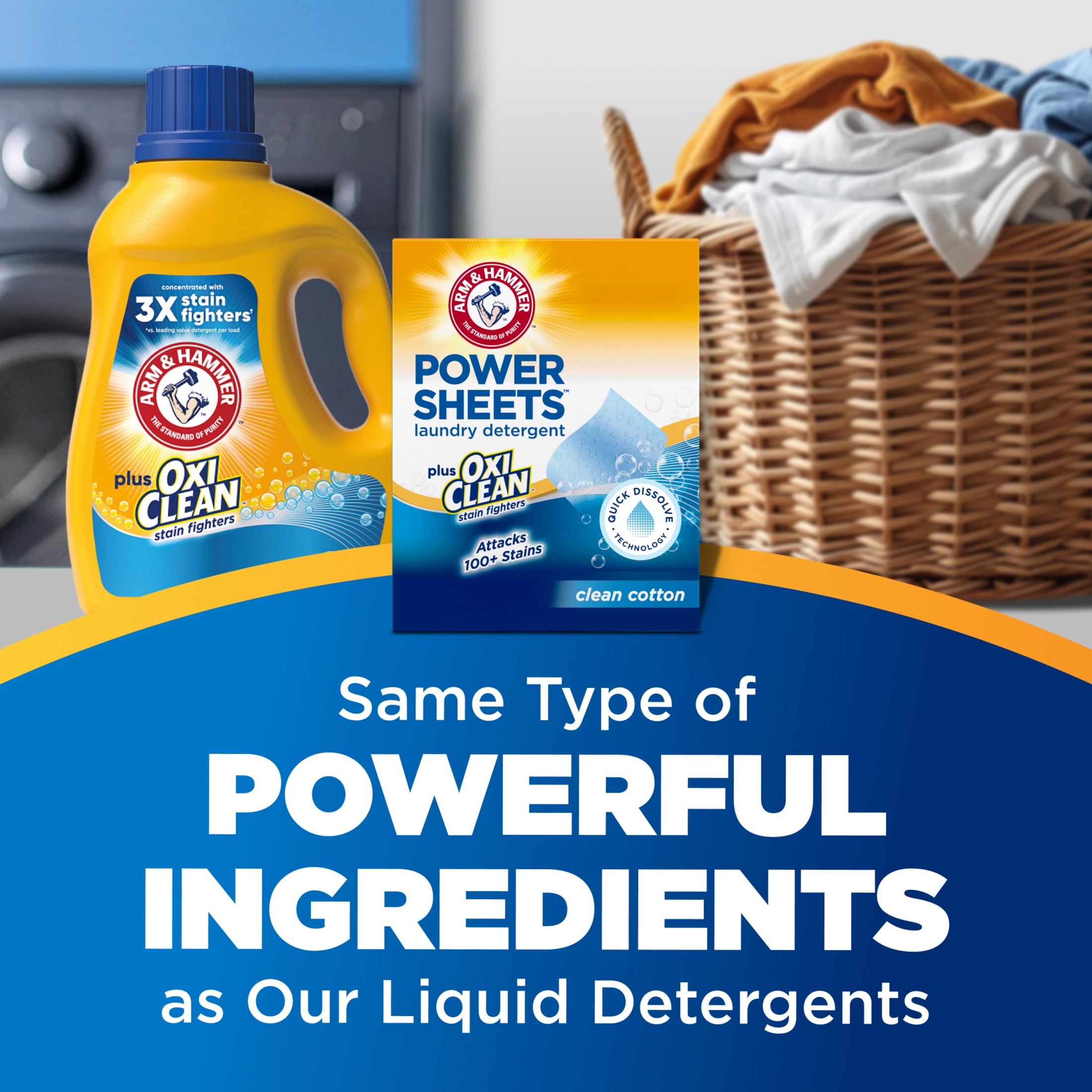 ARM & HAMMER Power Sheets Plus OxiClean Stain Fighters Laundry Detergent, Clean Cotton, 104 Count