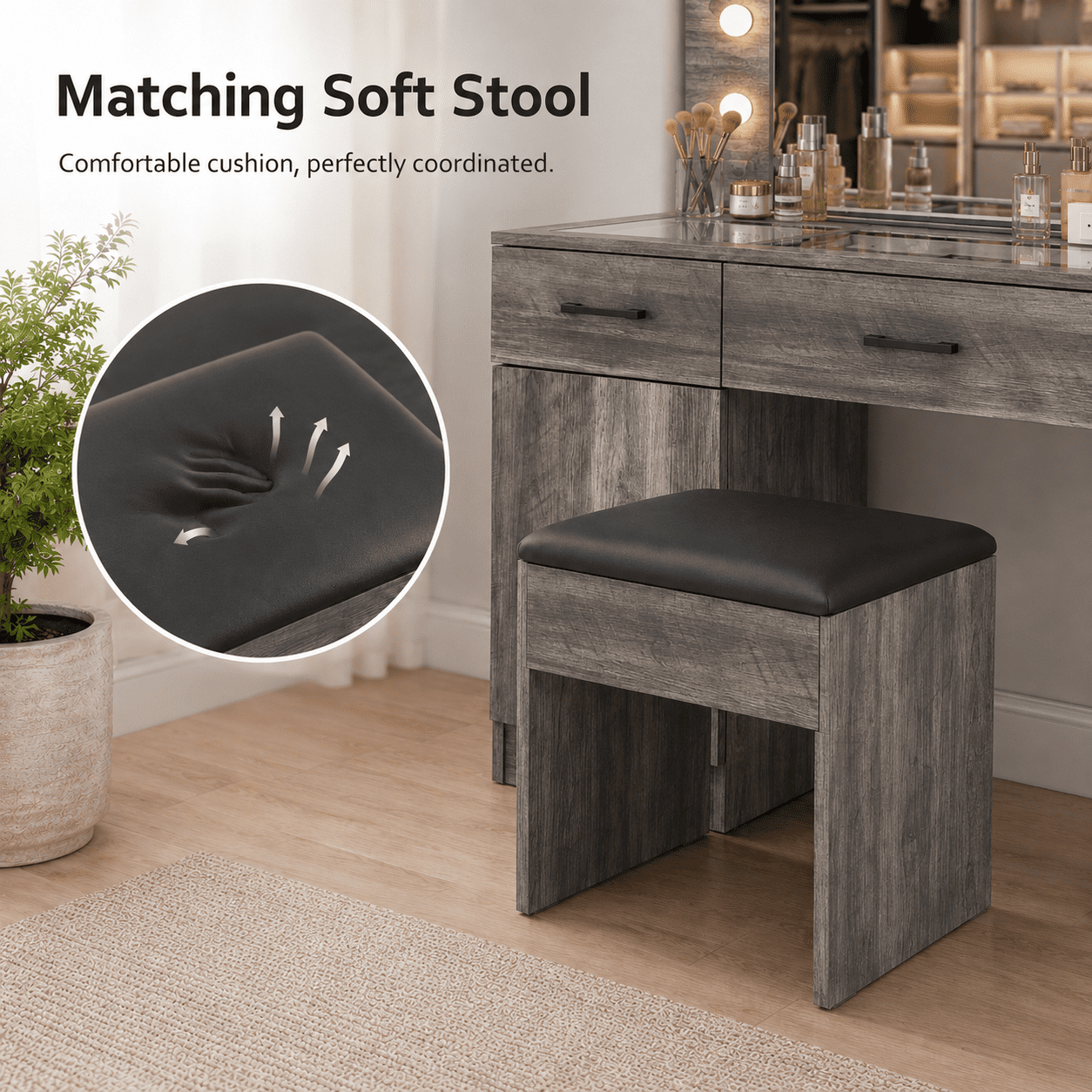 Ktaxon Large Makeup Vanity, Get Ready with Me GRWM Vanity Table Set w/ Visible Glass Top w/ Charging Station, Gray