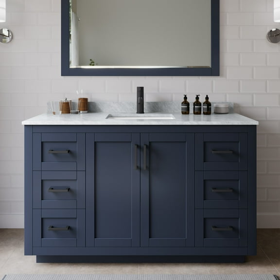 Wyndham Collection Miranda 54 Inch Single Bathroom Vanity in Dark Blue, White Carrara Marble Countertop, Undermount Square Sink, Matte Black Trim
