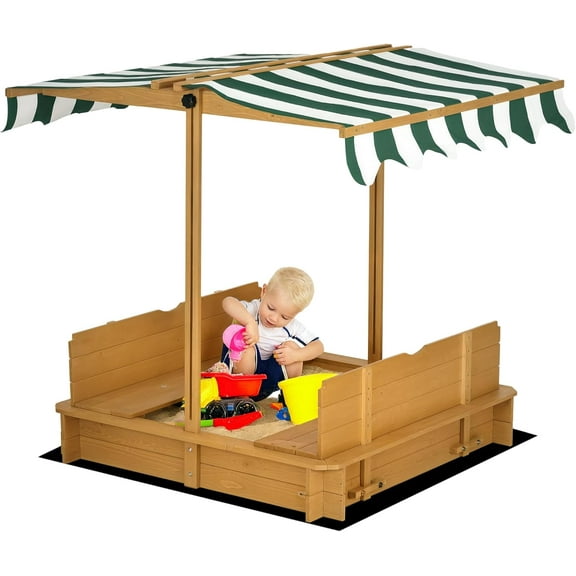PRZL Wooden Sandbox with Lid, Kids Sandbox with Canopy Outdoor, Sand Box with Foldable Bench Seats and Sand Protection, Bottom Liner Included, Kids Gift for Aged 3-7, 47X47 in, Brown
