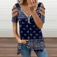 thumbnail image 2 of Bandana Blue Womens Summer V Neck Zipper Top Short Sleeve T Shirt Off Shoulder Top Casual Classy Loose Shirts, 2 of 7