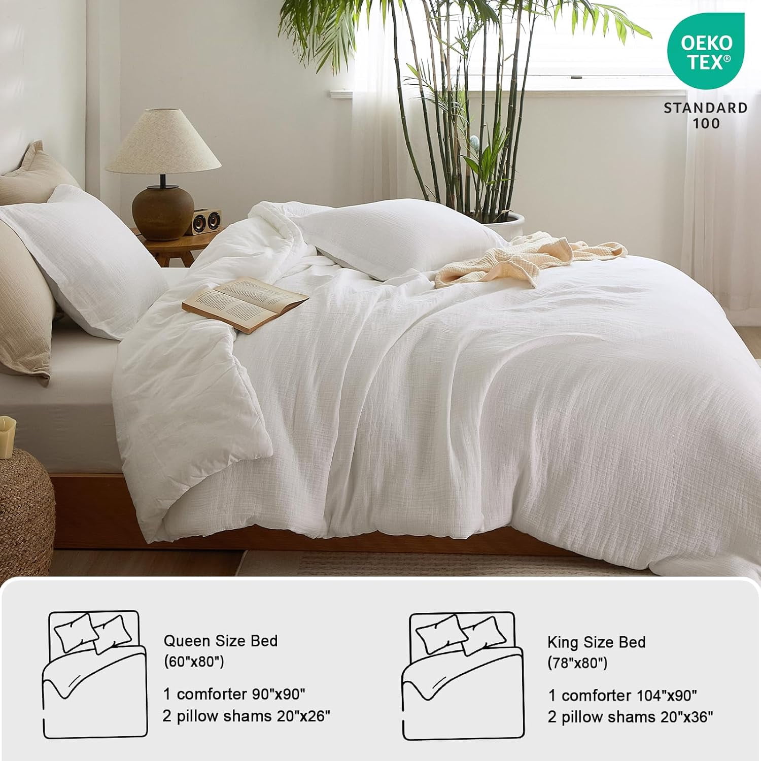 PHF Cotton Muslin Comforter Set King Size, Ultra Soft, Breathable & Lightweight Bedding Set for All Seasons, 1 Comfy Comforter 104"x90", 2 Pillow Shams 20"x36", White