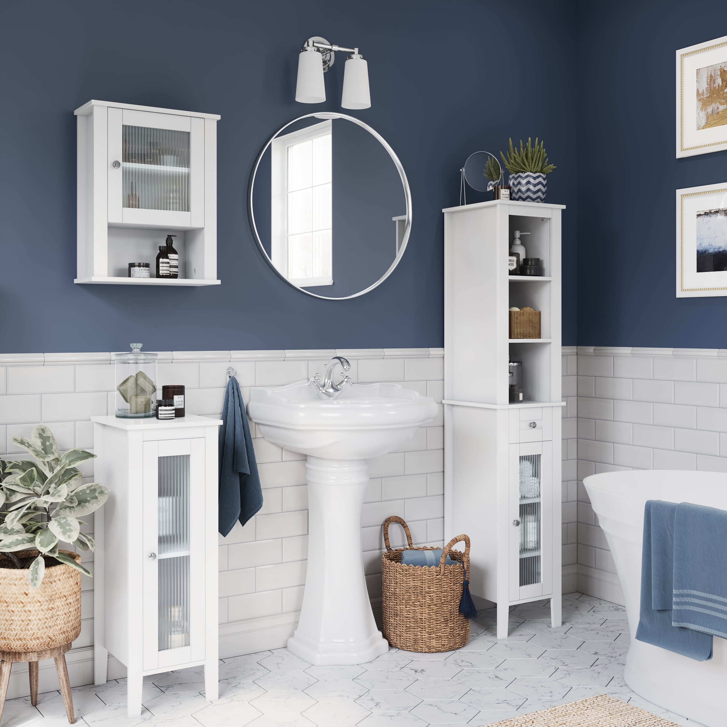 RiverRidge Prescott Tall Slim Bathroom Linen Storage Cabinet Organizer Shelf - White