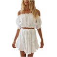 thumbnail image 1 of Traje de falda corta sexy con top de patchwork de encaje con cuello de una línea de verano para mujer Pompotops  qwe14604, 1 of 1