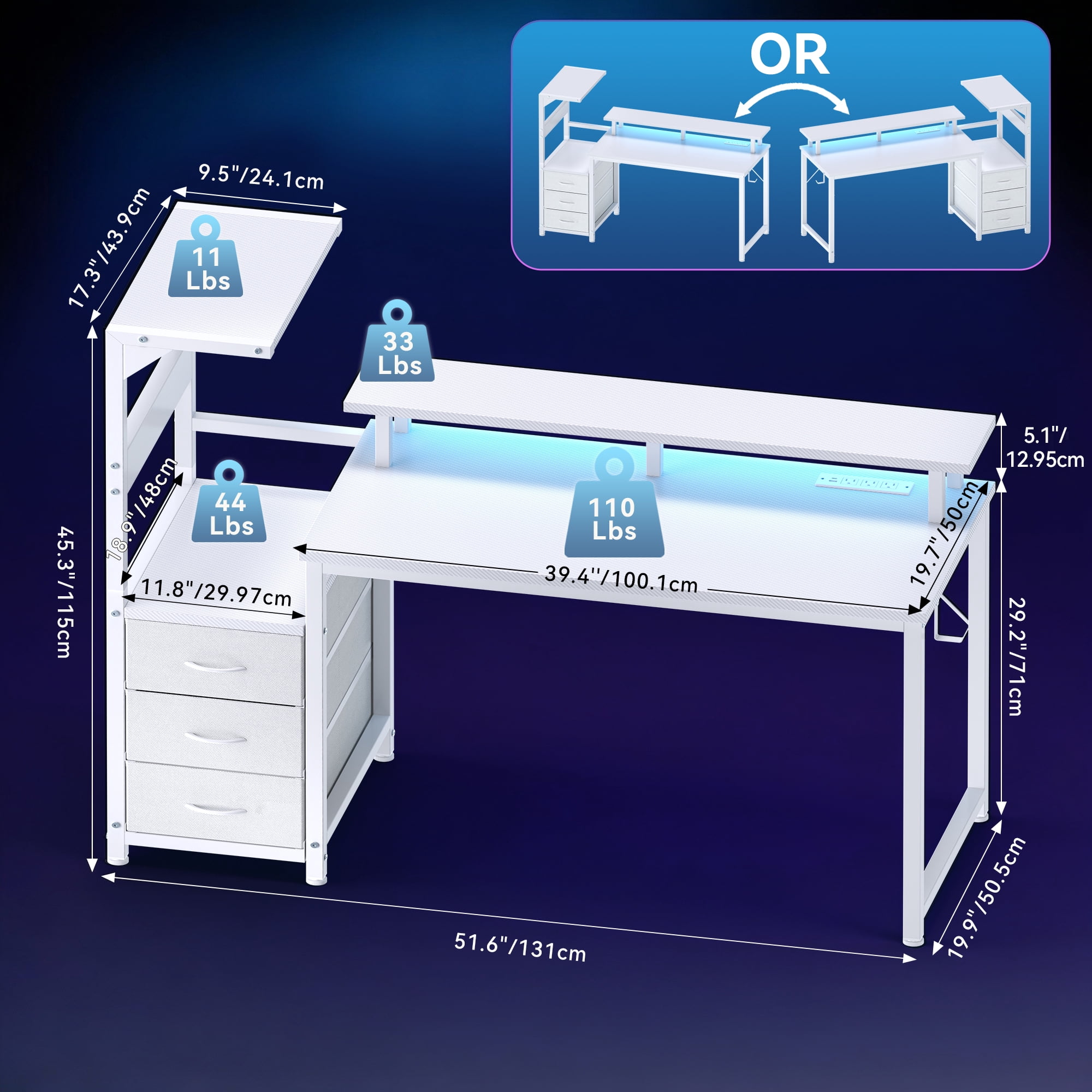 Gianna 52-Inch Gaming Desk with Hutch, LED Lights, USB Ports and 3 Fabric Drawers, Carbon Fiber