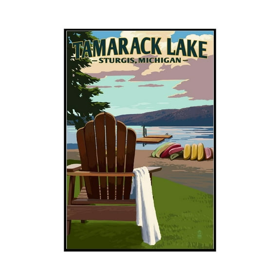 Sturgis, Michigan - Tamarack Lake - Adirondack Chairs - Lantern Press Artwork (12x18 Framed Gallery Wrapped Stretched Canvas)