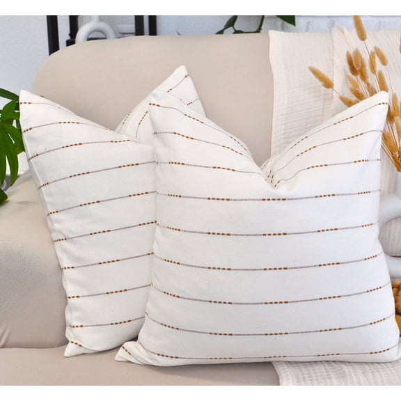 18 x18 inches White Modern Cotton Pillow Covers Set of 2/ Woven Stripes Pattern Contemporary Luxury Cushion Covers / Simple Throw Pillow Cases For Living Room Sofa, Couch, Bed