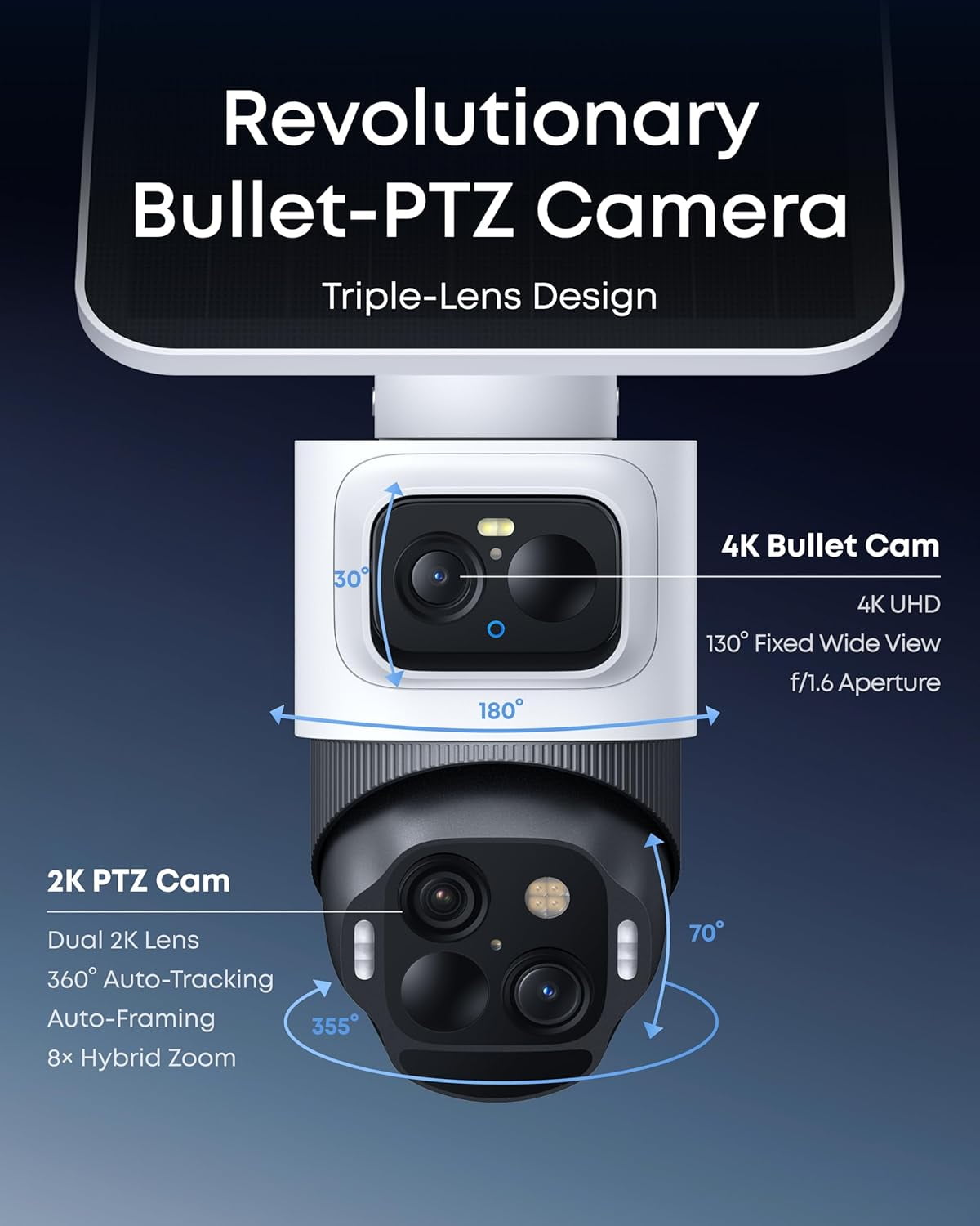 eufy Security eufyCam S4, Solar Security Camera Wireless Outdoor, Triple Lens Bullet-PTZ Cam, 4K UHD, 360° Pan and Tilt, Auto Track, 8× Hybrid Zoom, Color Night Vision, HomeBase S380 Compatible
