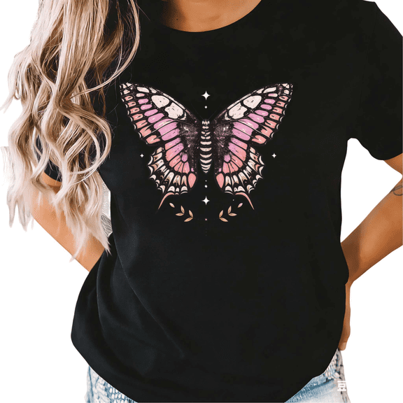 UNISHE Women's Celestial Pink Butterfly Graphic Short Sleeve T-Shirt Casual Cotton Crewneck Top