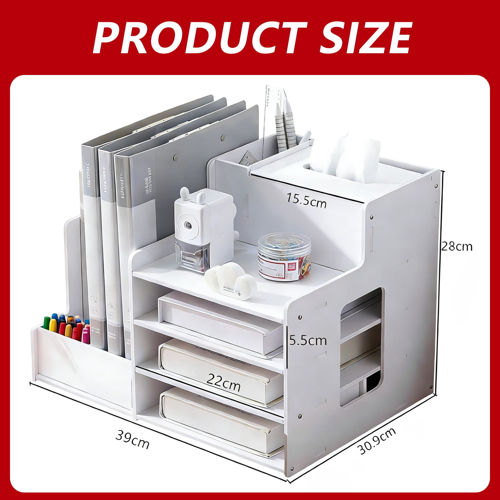 Arcticwind File Shelf,Storage Rack,Office Desktop Organizer, Multi-layer Folder Storage Box,Desktop Organization Gadget,Office Supplies Storage Rack,White, File Shelf with Tissue Box & Pen Holder