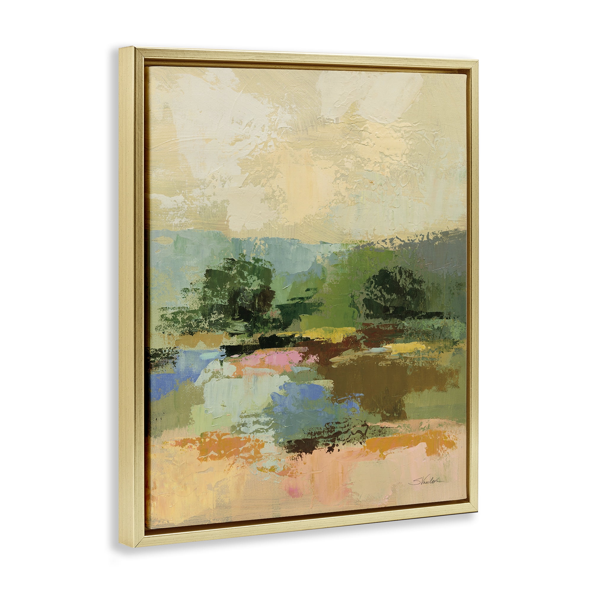 Stupell Industries Across The River Abstract Landscape Painting Gold Floater Framed Art Print Wall Art, 25 x 31