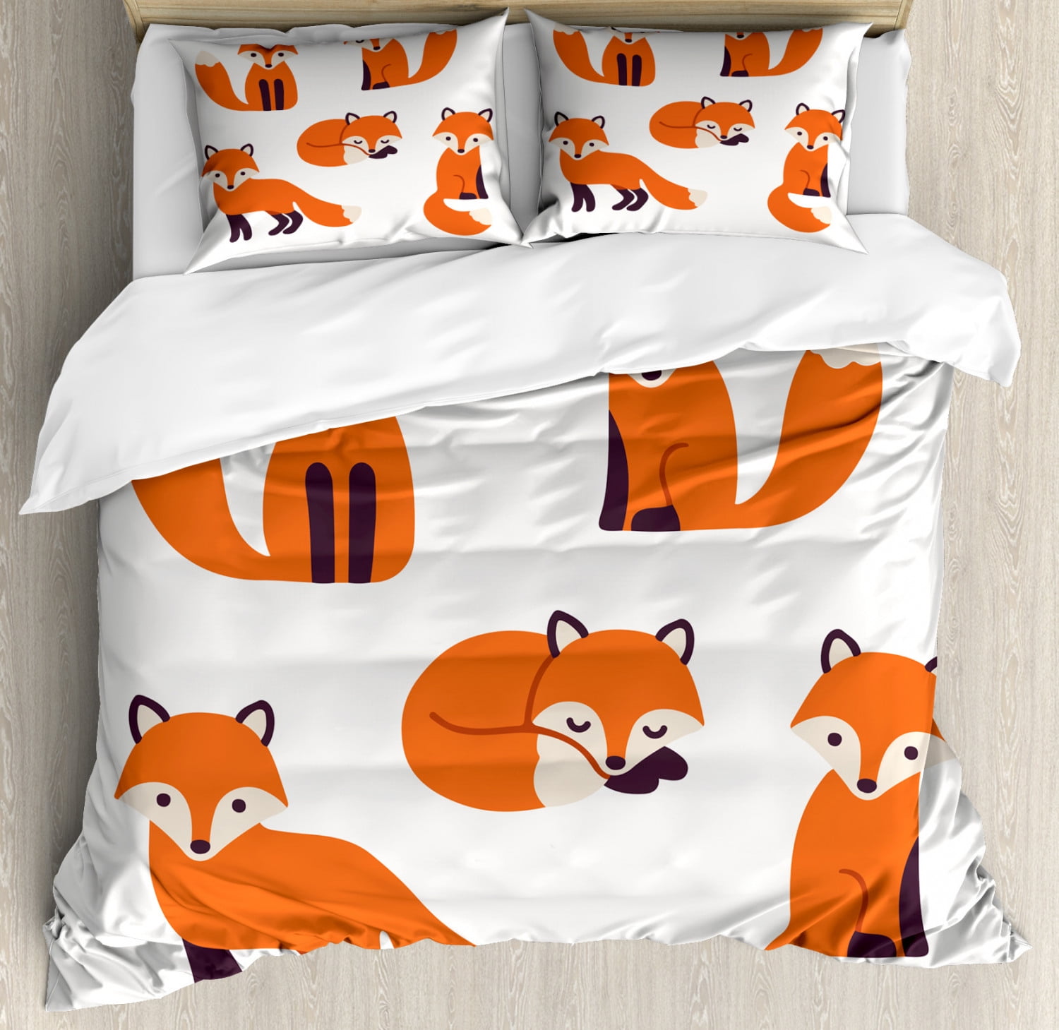 Fox Queen Size Duvet Cover Set Cartoon Foxes In Modern Style