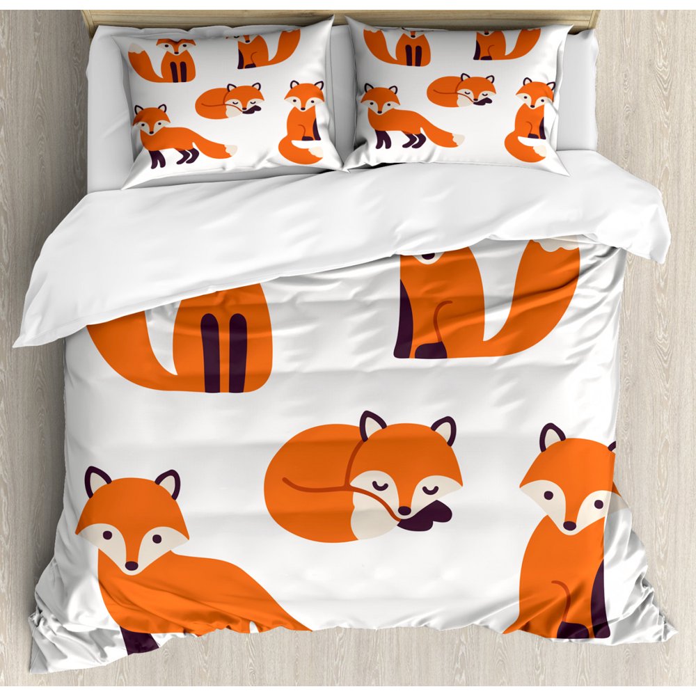 Fox King Size Duvet Cover Set, Cartoon Foxes in Modern Style Sitting