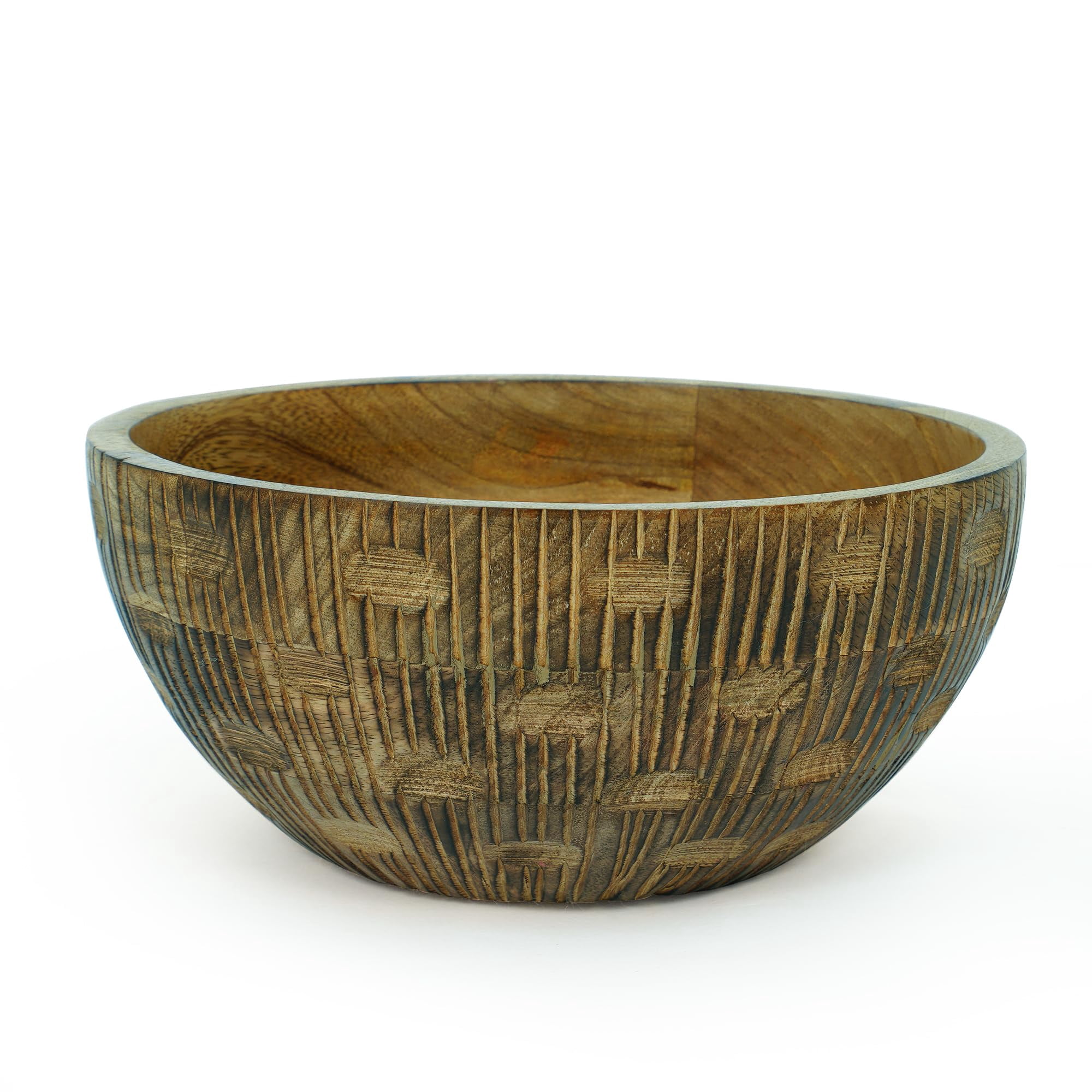 Mela Artisans Hand-Carved Wooden Serving Bowl, Medium Burnt Finish, 9 x 4 x 4 Inch Decorative Salad Bowl for Fruits, Snacks, Dry Foods & Tabletop Décor
