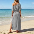 thumbnail image 6 of Dvprdro Off Shoulder Midi Dress for Women Short Sleeve Elastic Waist Side Pockets Side Split Solid Color Summer, 6 of 9