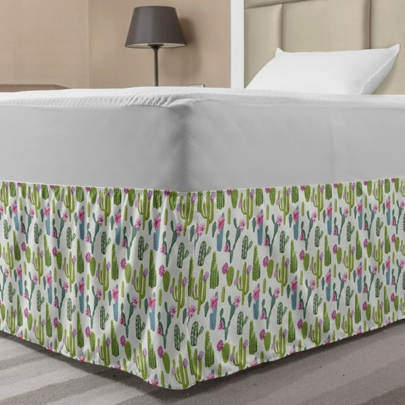 Exotic Bed Skirt, Saguaro Plant Rebutia Floral Desert Wilderness Pattern Nature Theme, Elastic Bedskirt Dust Ruffle Wrap Around for Bedding Decor, 4 Sizes, Lime Green and Slate Blue, by Ambesonne