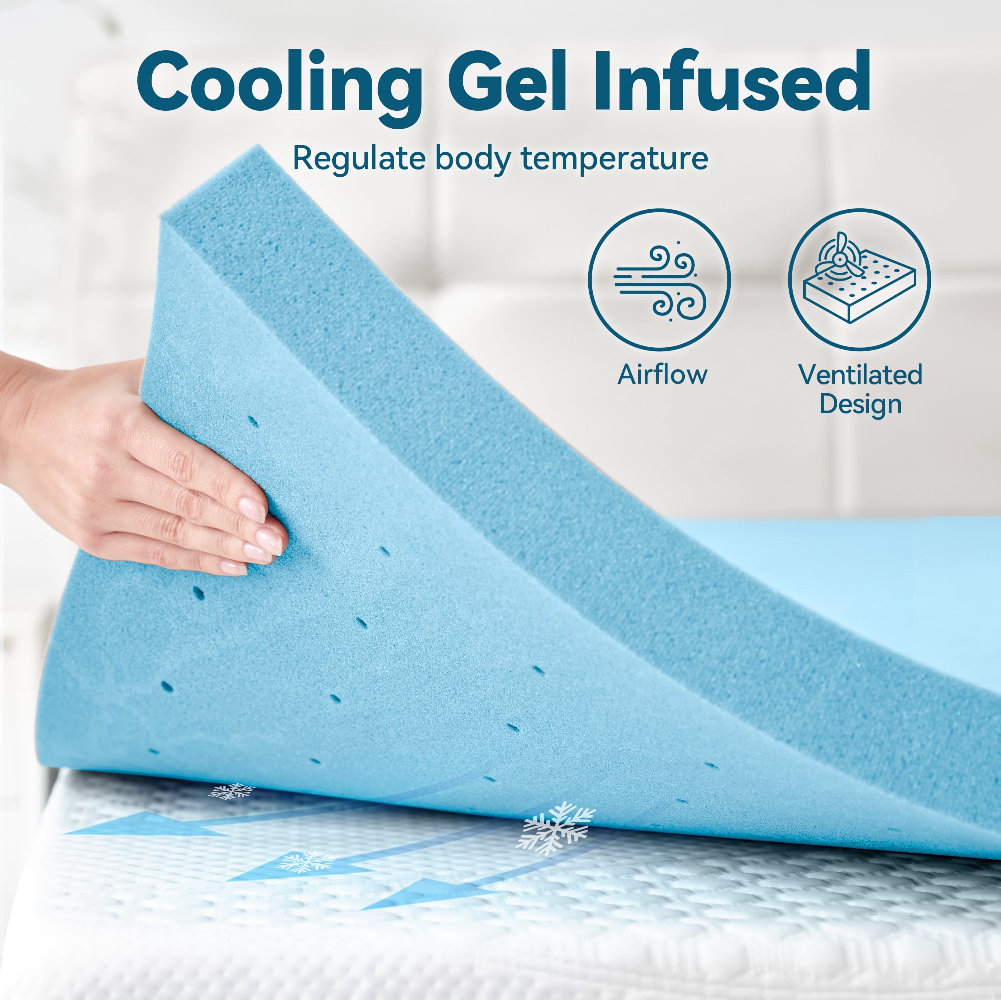 BDEUS 4 inch Mattress Topper, Cooling Gel Memory Foam Bed Topper for Pressure Relief, Twin，Blue