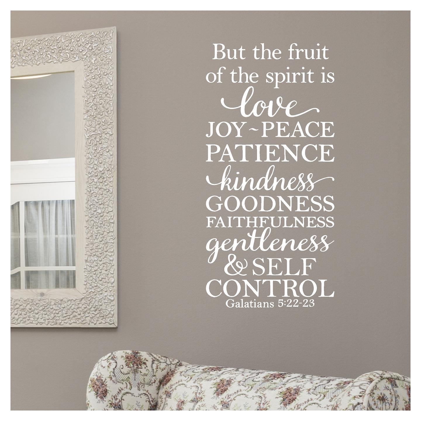 But the Fruit of the Spirit is Love, Joy, Peace, Patience, Kindness, Goodness, Faithfulness...Galatians 5:22-23 Vinyl Wall Decal Bible Quote Scripture Decals - Size: 26'H x 12.5'L - Color: White