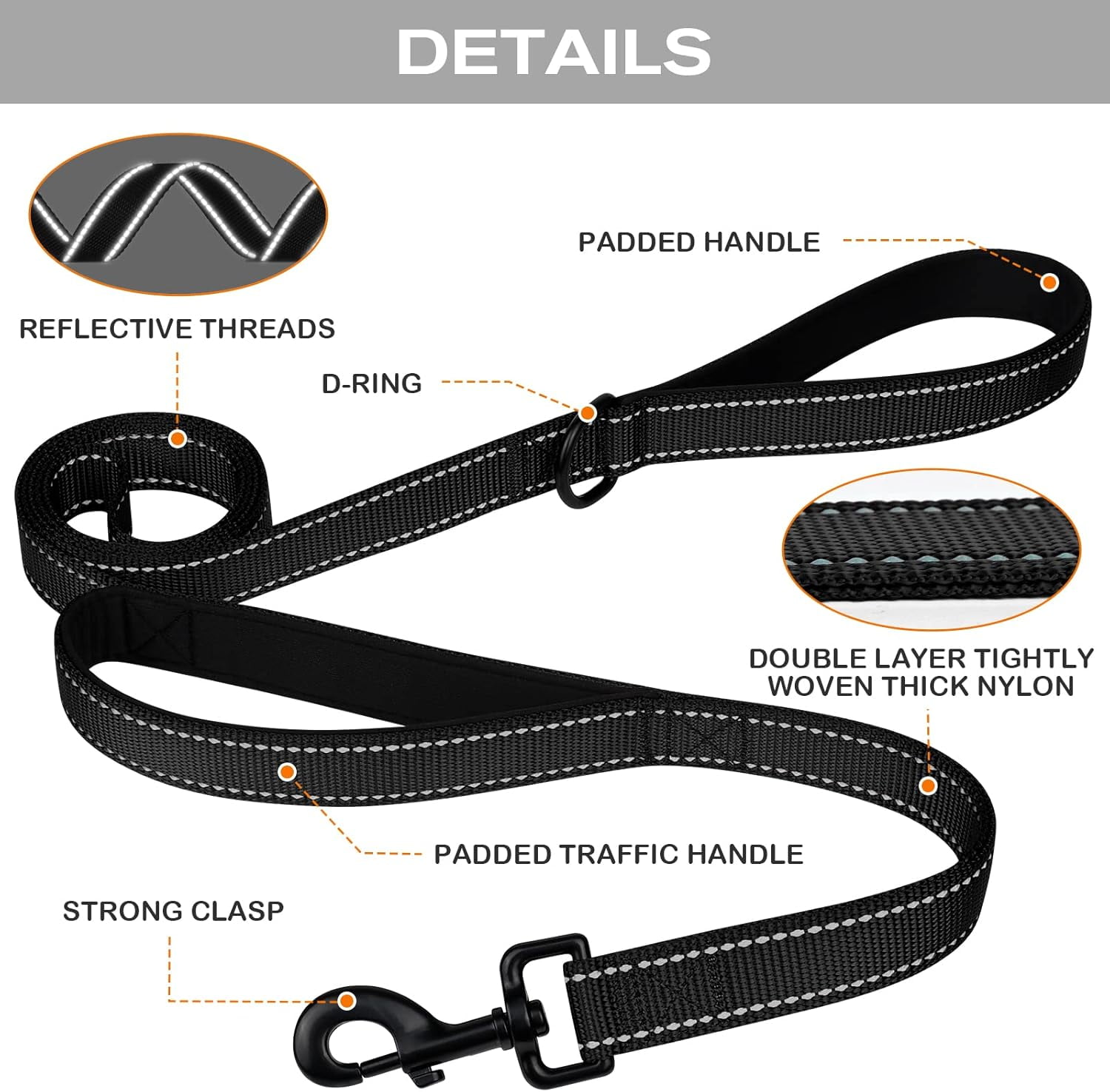 Solennerer Dog Leash Heavy Duty Pet Leash 2 Traffic Padded Handles Reflective Leash for Medium to Large Dogs