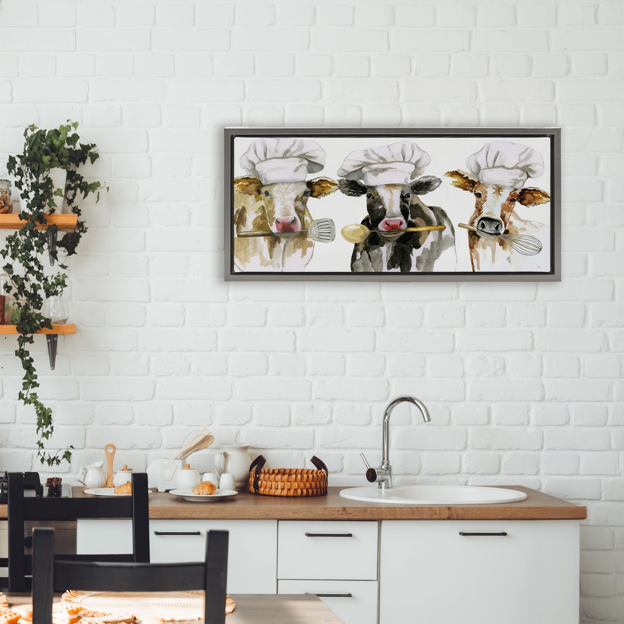 Stupell Industries Cow Chefs with Utensils Gray Framed Floater Canvas Wall Art, design by Nan