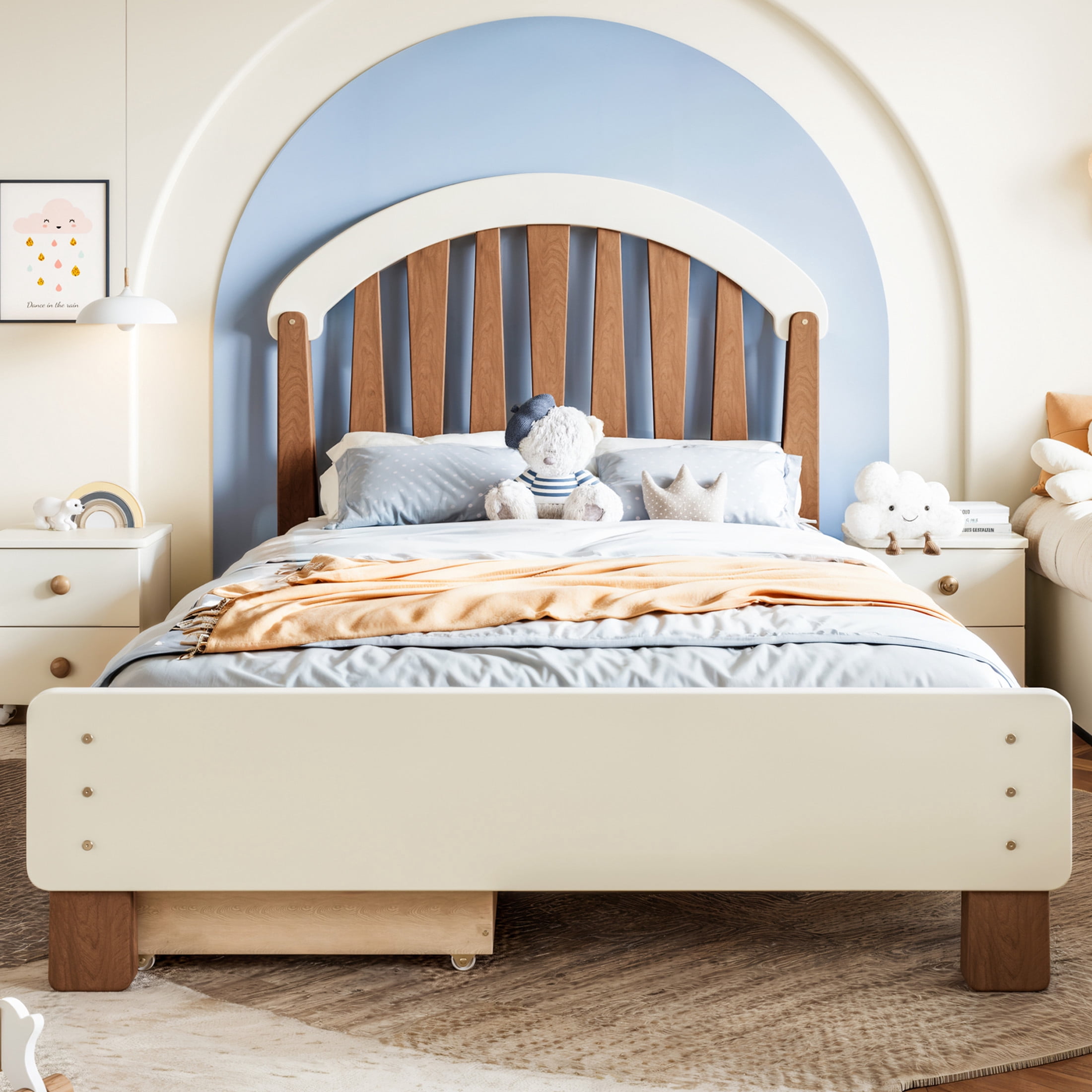 GDF Studio Twin Size Platform Bed with Storage Drawers, Round Headboard, No Box Spring Needed, Beige+Brown