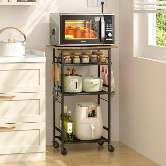 Kitchen Microwave Cart, 4 Tier Microwave Table Stand with Storage, Kitchen Storage Rack on Wheels, Coffee Station Cart Rack Shelf Organizer for Living Room Office, Balcony