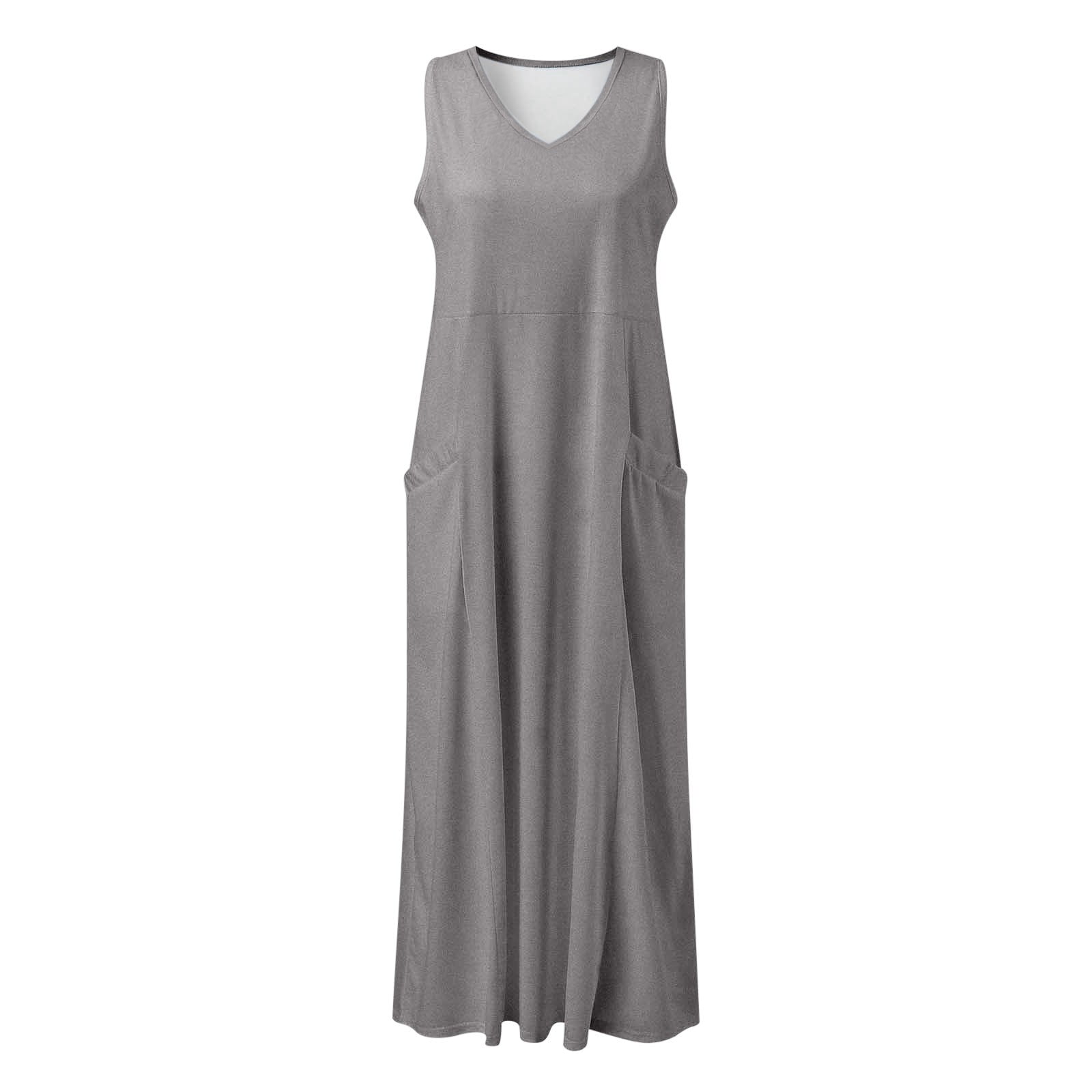 Jamsmile Womens Dress Summer Solid Color Sleeveless Elegant Loose Fit Casual Maxi Dresses With Pockets Daily Tshirts HolidaySundress