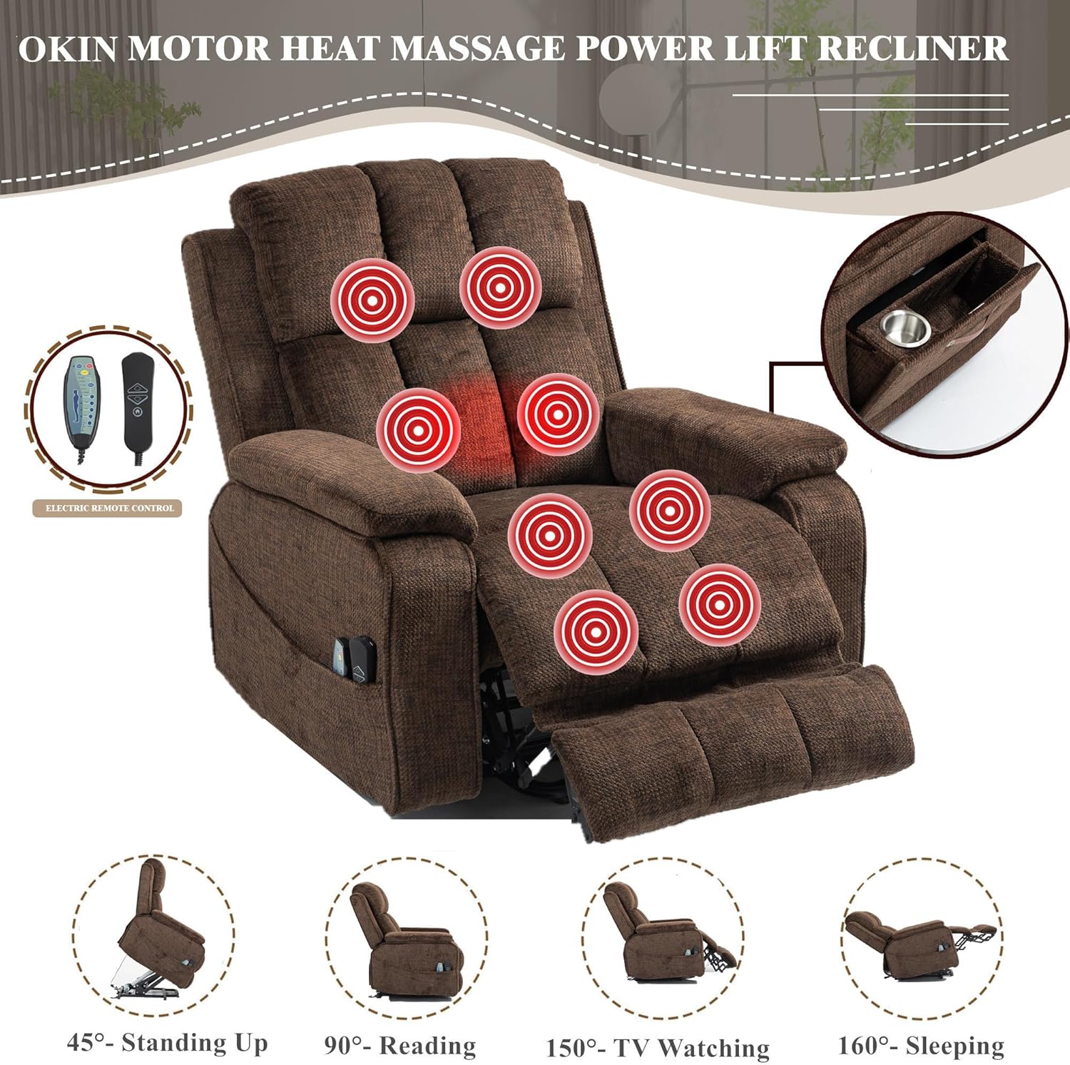 Oversized Lifting Recliners for Seniors, Extended Footrest, Big and Tall Recliners 400 lbs Lay Flat Recliner with Heat & Massage Side Storage Cup Holder, USB Type C Charging for Elderly Relaxing