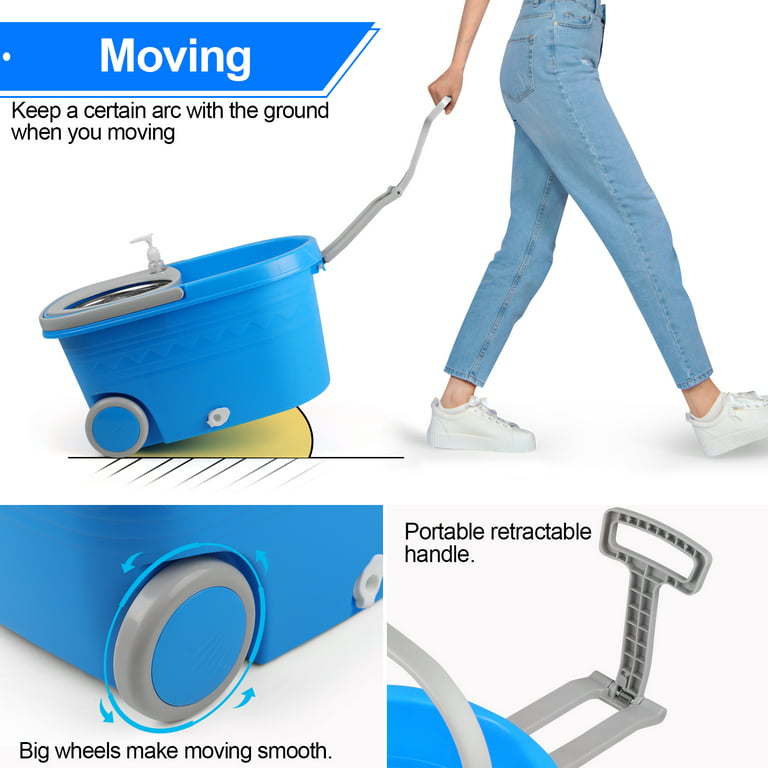 Spin Mop and Bucket on Wheels, Mop and Bucket Set, 360° Spinning Mopping  Bucket with 3 Microfiber Refills & 61 Extended Mop Rod for Floor Cleaning,  Blue 