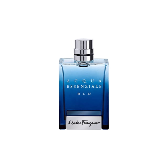 salvatore ferragamo acqua essenziale blu spray for men, 3.4 ounce botella rectangular de vidrio azul con degradado, tapa cilíndrica plateada y placa metálica con firma Salvatore Ferragamo; toma frontal sobre fondo blanco, fragancia masculina de inspiración acuática.
