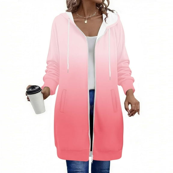 FDGIU Women's 2025 Long Hoodies - Full Zip Tunic Sweatshirt with Pockets, Trendy Fall Casual Outerwear, Open Front Cardigan Style