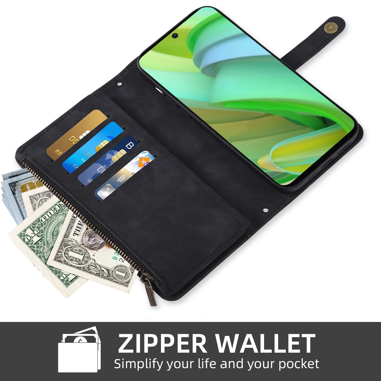 Asuwish Phone Case for Motorola Moto G Power 5G 2023 Wallet Cover With Tempered Glass Screen Protector Crossbody Wrist Strap Flip Pattern Zipper Credit Card Holder Stand Cell GPower G5 Women Black